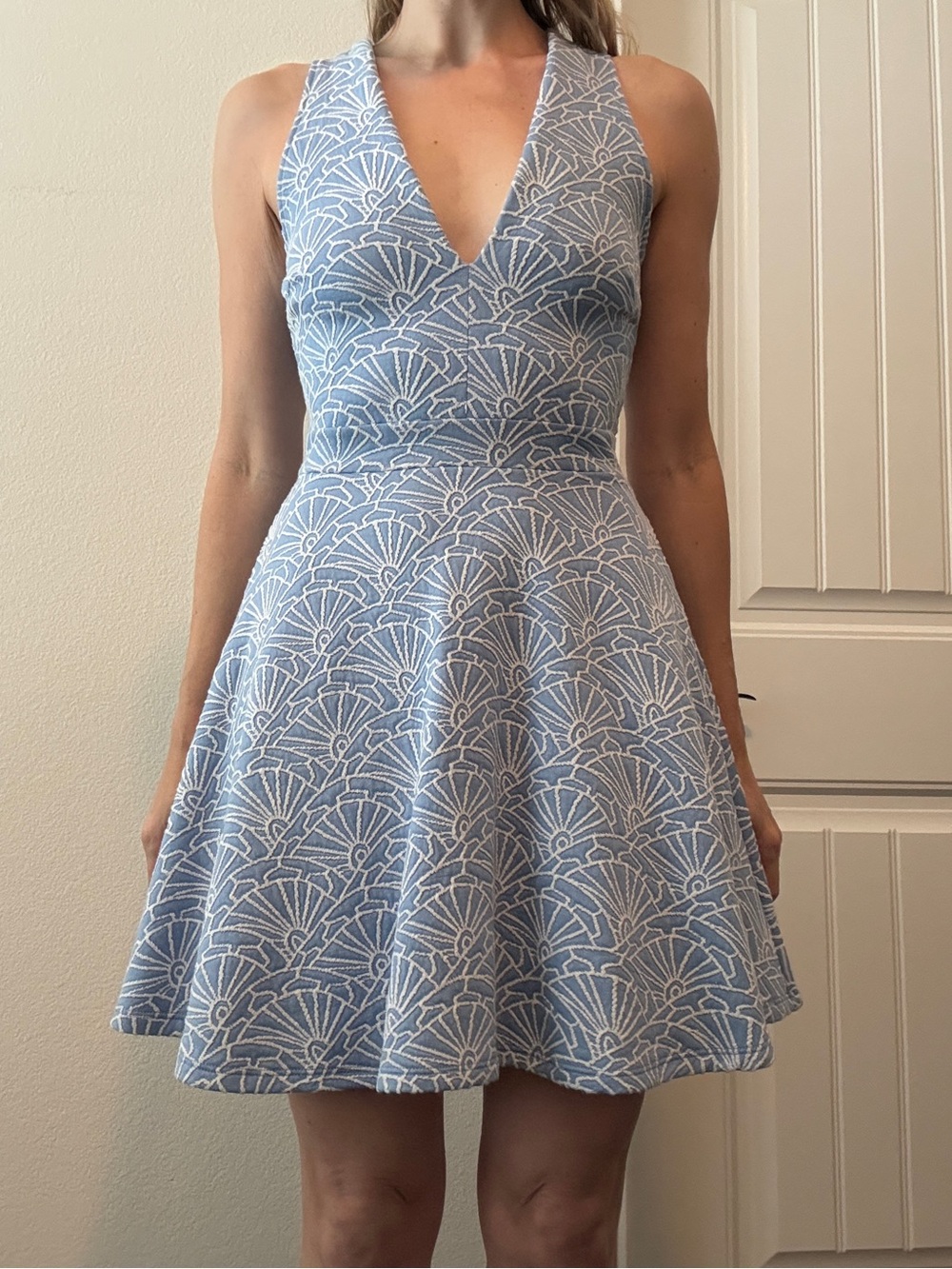 Design Lab Lord & Taylor Baby Blue & White V-Neck Fit-and-Flare Mini Dress